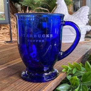 Starbucks Cobalt Blue Glass Starbucks Coffee Etched Footed Handled Mug 16 oz